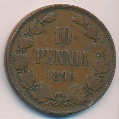 10 пенни 1890 г. Для Финляндии (Александр III). Медь (10 пенни. 1890)