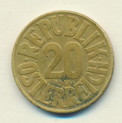 Австрия 20 грошей, 1954 (20 грошей. Австрия 1954)