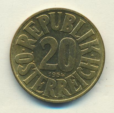 Австрия 20 грошей, 1954 (20 грошей Австрия 1954)