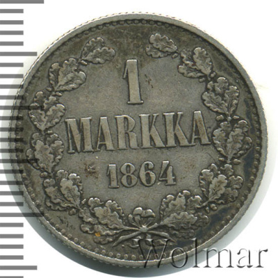 1 марка 1864 г. S. Для Финляндии (Александр II). (1 марка. Финляндия 1864г. S. Ag. RR)