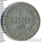 1 марка 1893 г. L. Для Финляндии (Александр III). (1 марка. Финляндия 1893г. L. Ag.)