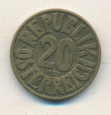 Австрия 20 грошей, 1951 (20 грошей. Австрия 1951)