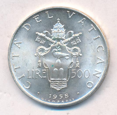 Ватикан 500 лир, 1958 (500 лир. Ватикан. 1958)