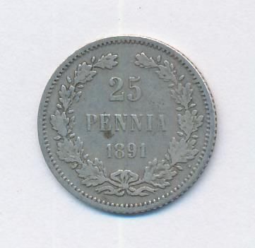 25 пенни 1891 г. L. Для Финляндии (Александр III). (25 пенни. 1891)