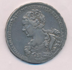 1 рубль 1726 г. Екатерина I. Красный тип, портрет влево. Хвост орла широкий. 9 перьев в крыле орла.  (Рубль 1726)