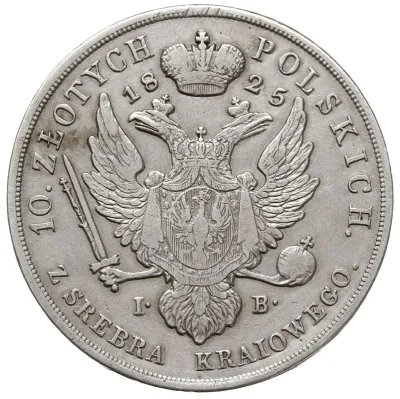 10 злотых 1825 г. IB. Для Польши (Александр I). (10 Zlotys 1825 IB, Warsaw, Silver 30,91 г, Plage 28 R1, Bitkin 824 R1, Berezowski -очень редкий год.)