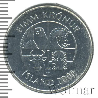 Исландия 5 крон, 2008 (5 крон. Исландия 2008г. St в Ni.)